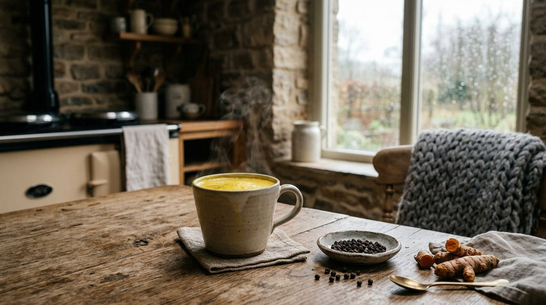 A mug of golden turmeric tea with fresh turmeric root and black pepper on an oak table