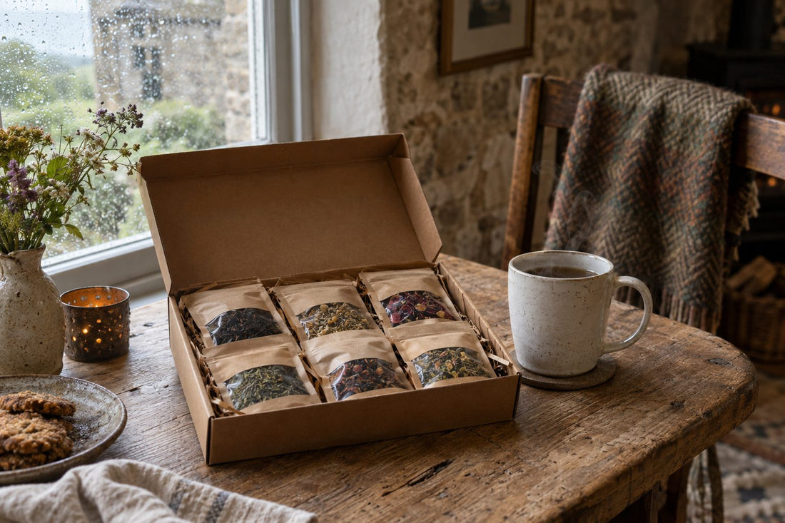 Letterbox tea gift box opened on oak table showing valentines gifts for him