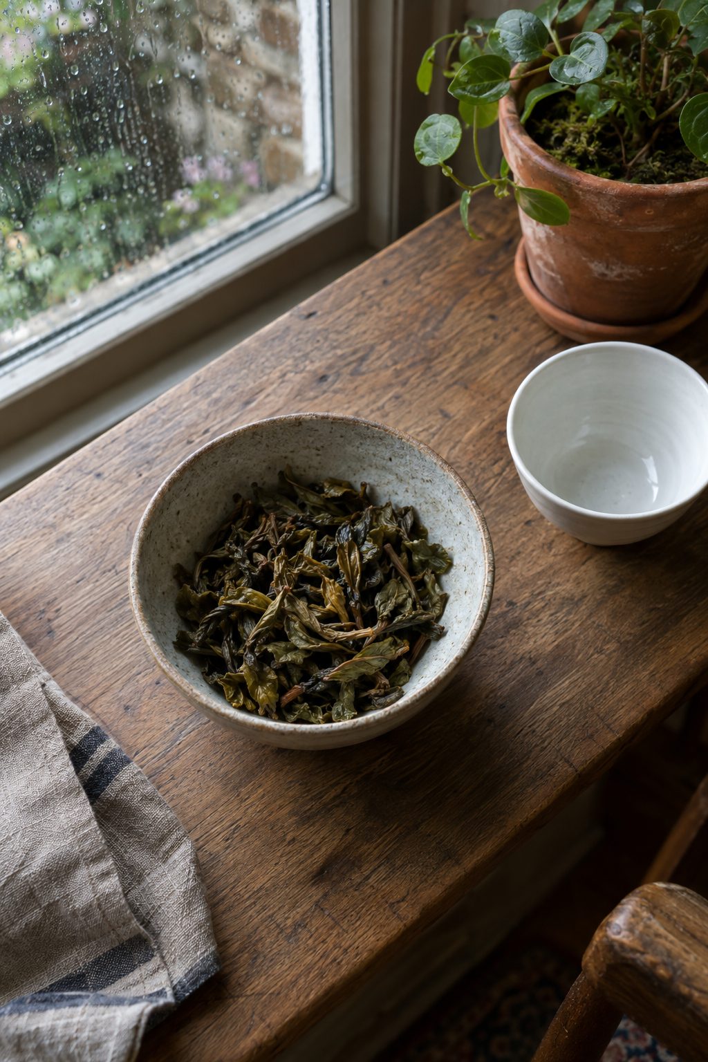 Spent oolong tea dregs in a ceramic bowl on an oak table with teacup and plant pot
