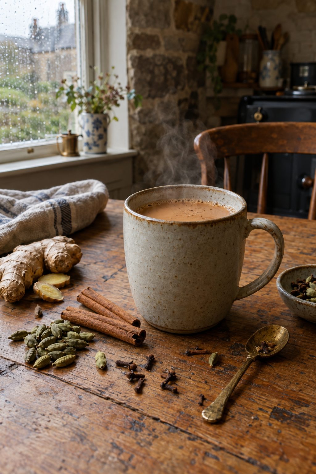A steaming cup of masala chai with cardamom, cinnamon and ginger on an oak table