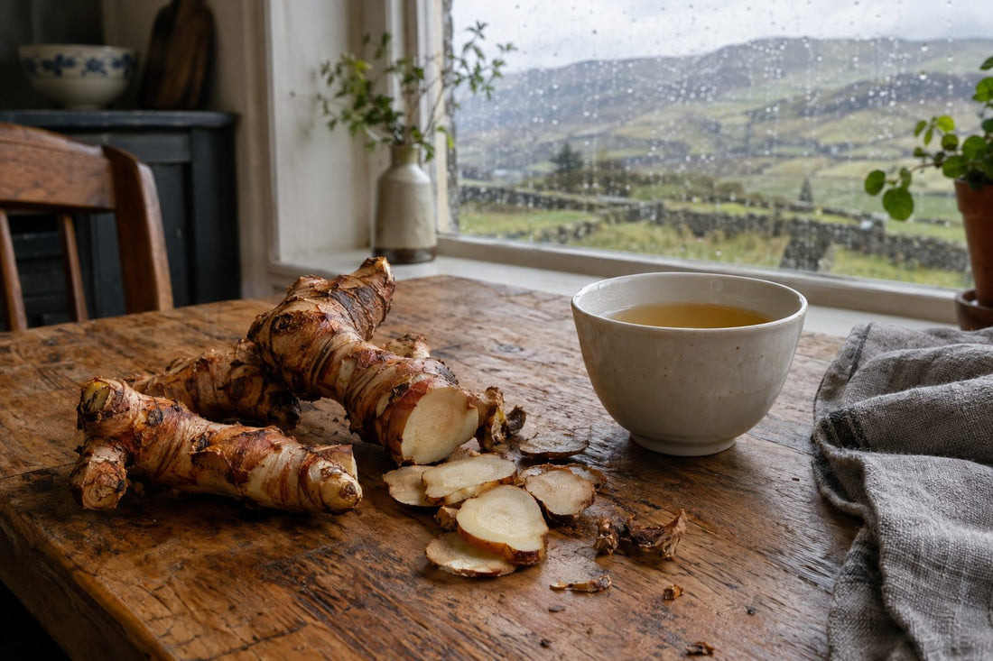 Dried galangal root slices and a cup of galangal tea on an oak table in natural light