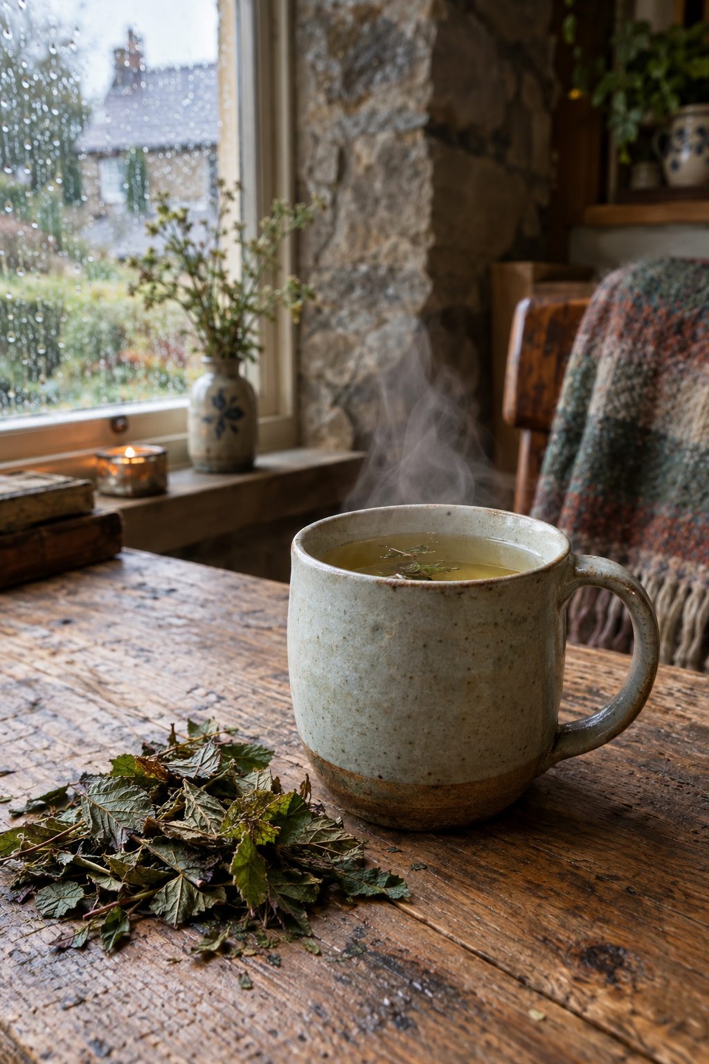 A mug of raspberry leaf tea beside dried leaves on an oak table with soft natural light