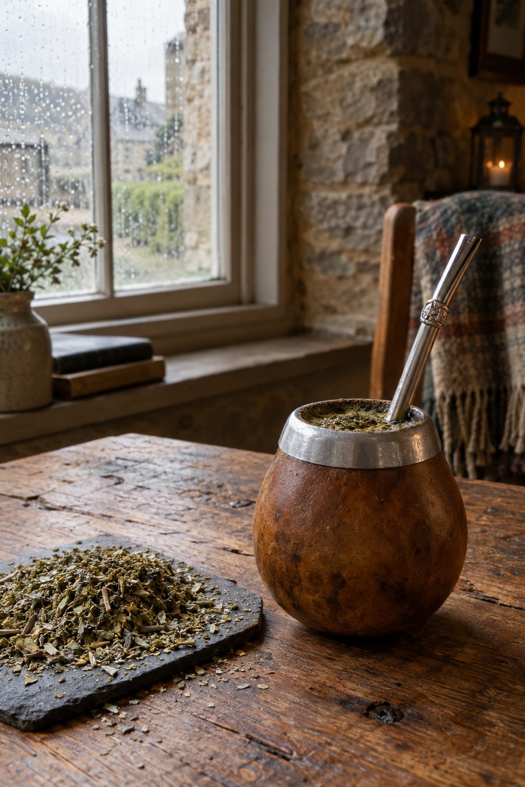 Traditional yerba mate gourd with bombilla and loose yerba mate leaves on an oak table