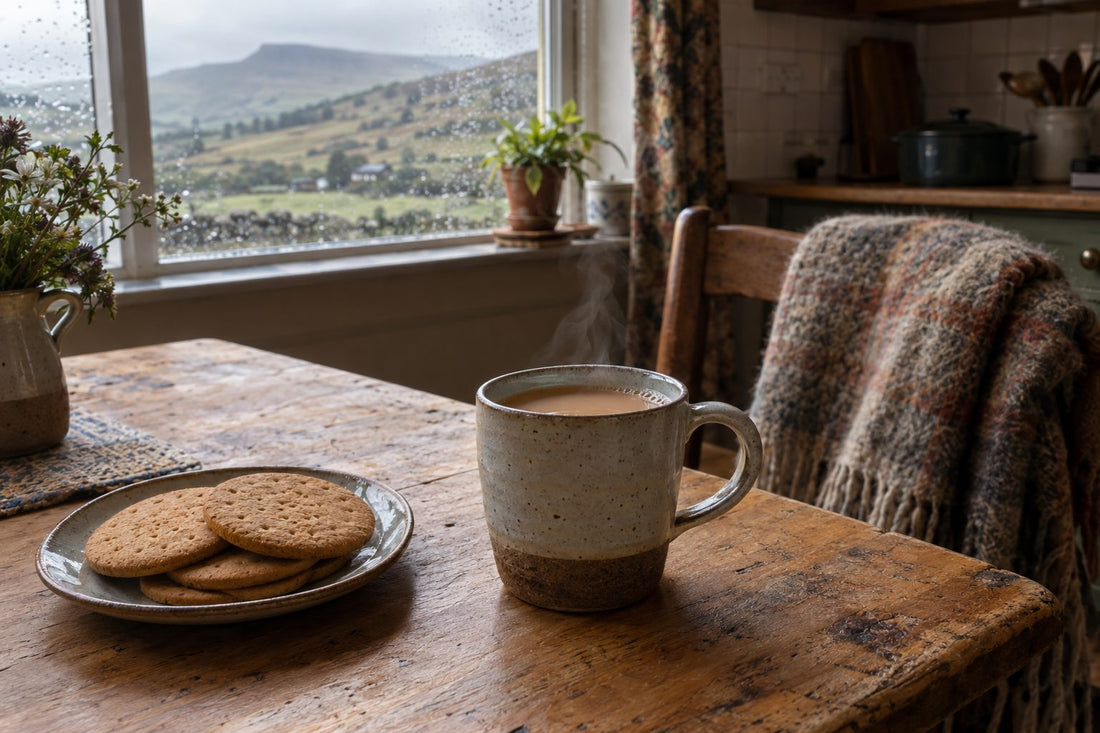 Steaming mug of strong Yorkshire tea with milk on an oak table with Pennine hills through the window
