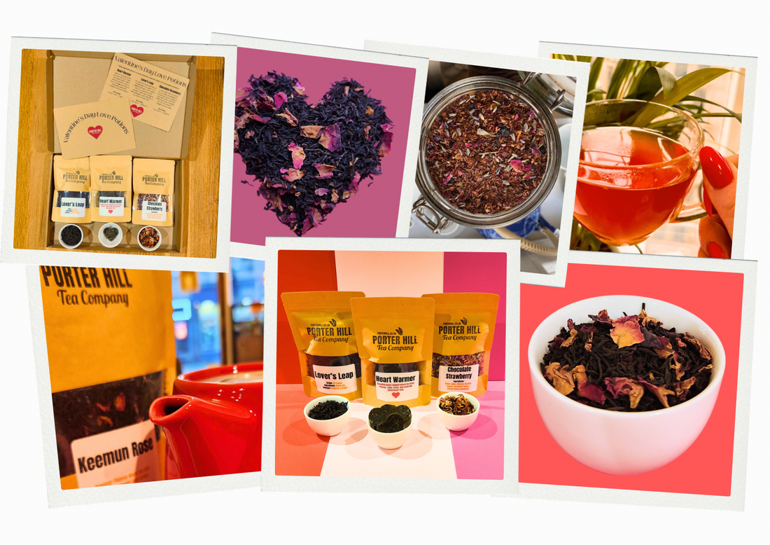 Collage of loose leaf tea gifts and pink and red tea blends in the Love Potions collection