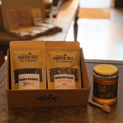 English Breakfast and Honeyed Peach tea gift box with Holme Valley honey