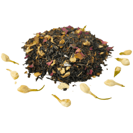 Black tea, ginger, spices, rose petals and jasmine buds in Jasmine Masala Chai
