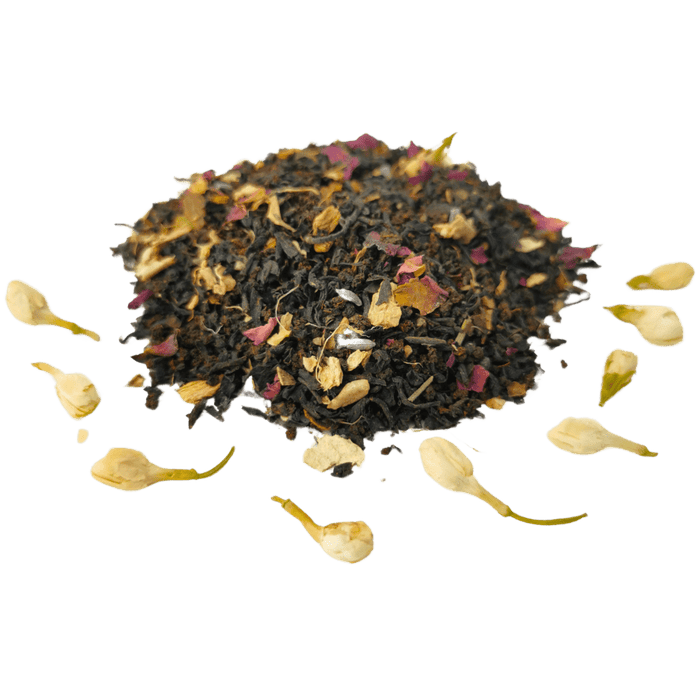 Black tea, ginger, spices, rose petals and jasmine buds in Jasmine Masala Chai