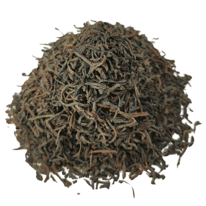 Pile of long, twisted Lover’s Leap Ceylon OP black tea leaves