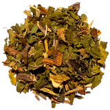 Pile of chopped peppermint leaves and pale liquorice root pieces