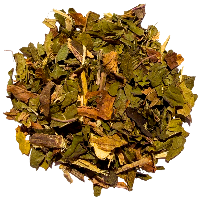 Pile of chopped peppermint leaves and pale liquorice root pieces