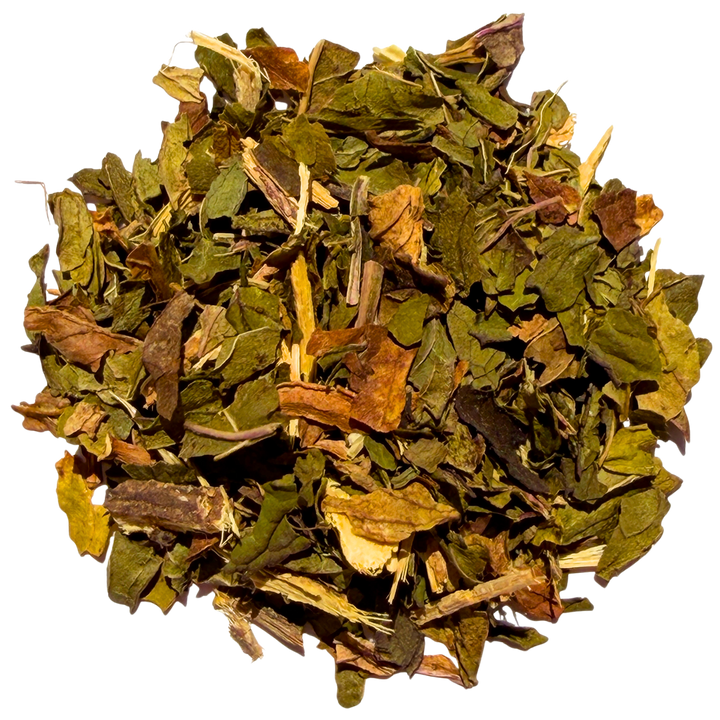 Pile of chopped peppermint leaves and pale liquorice root pieces