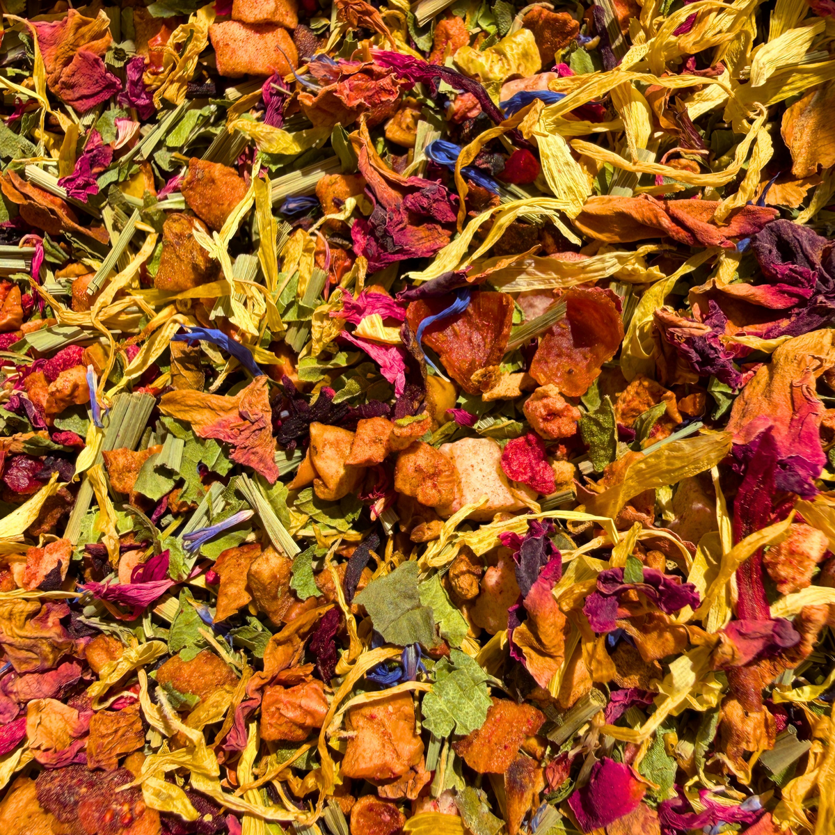 Colourful Rainbow Tea fruit and flower ingredients