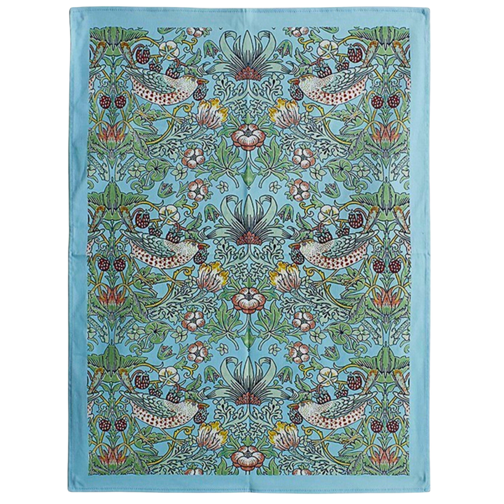 William Morris Strawberry Thief tea towel with birds and strawberries on a blue background