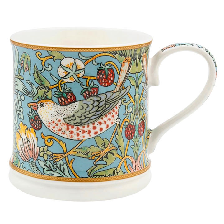 William Morris Strawberry Thief tankard mug with birds and foliage in a dark colour palette