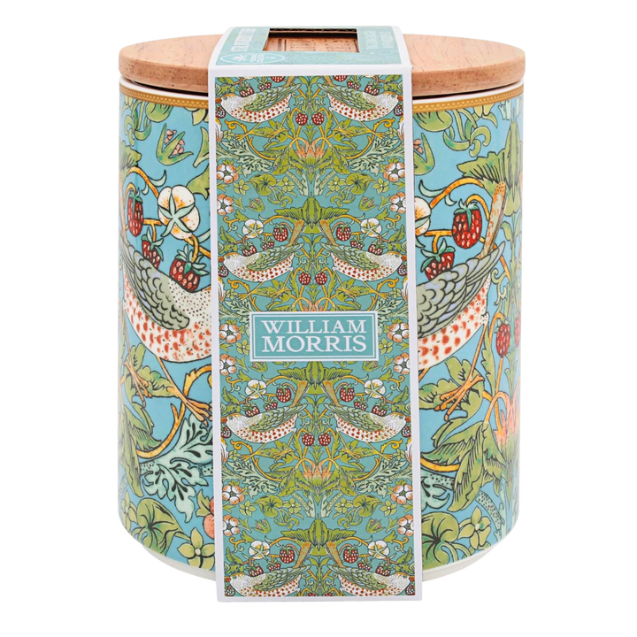 William Morris Strawberry Thief fine china canister with wooden lid and patterned presentation sleeve
