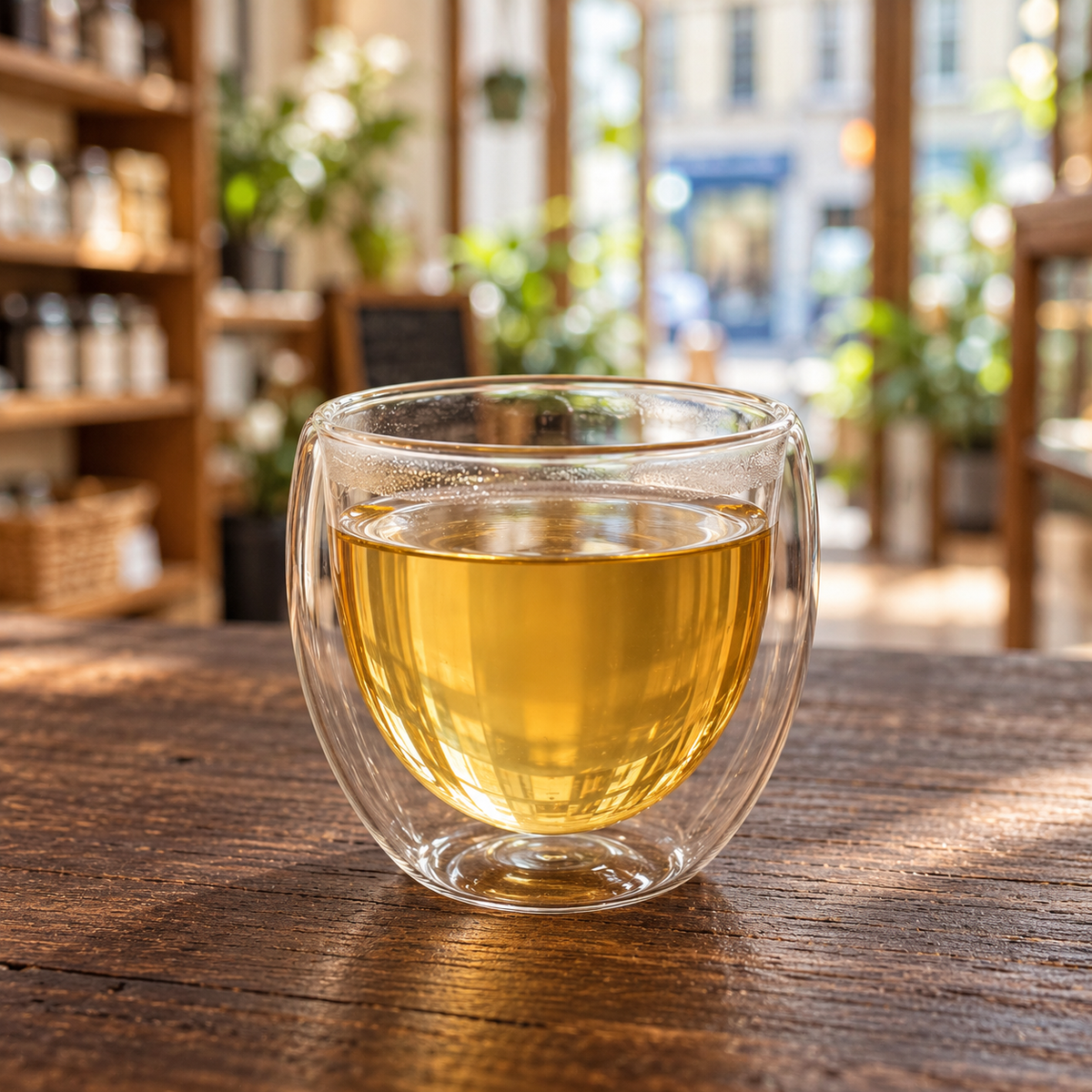 Brewed tea — Badaling Yellow Tea served plain in a double-wall glass