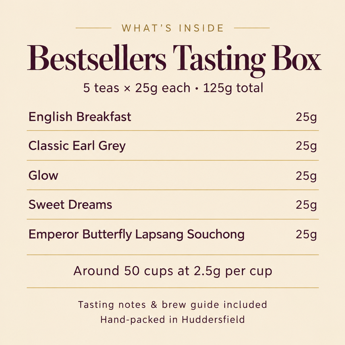 Bestsellers Tasting Box — contents and individual pouch weights, 125g total