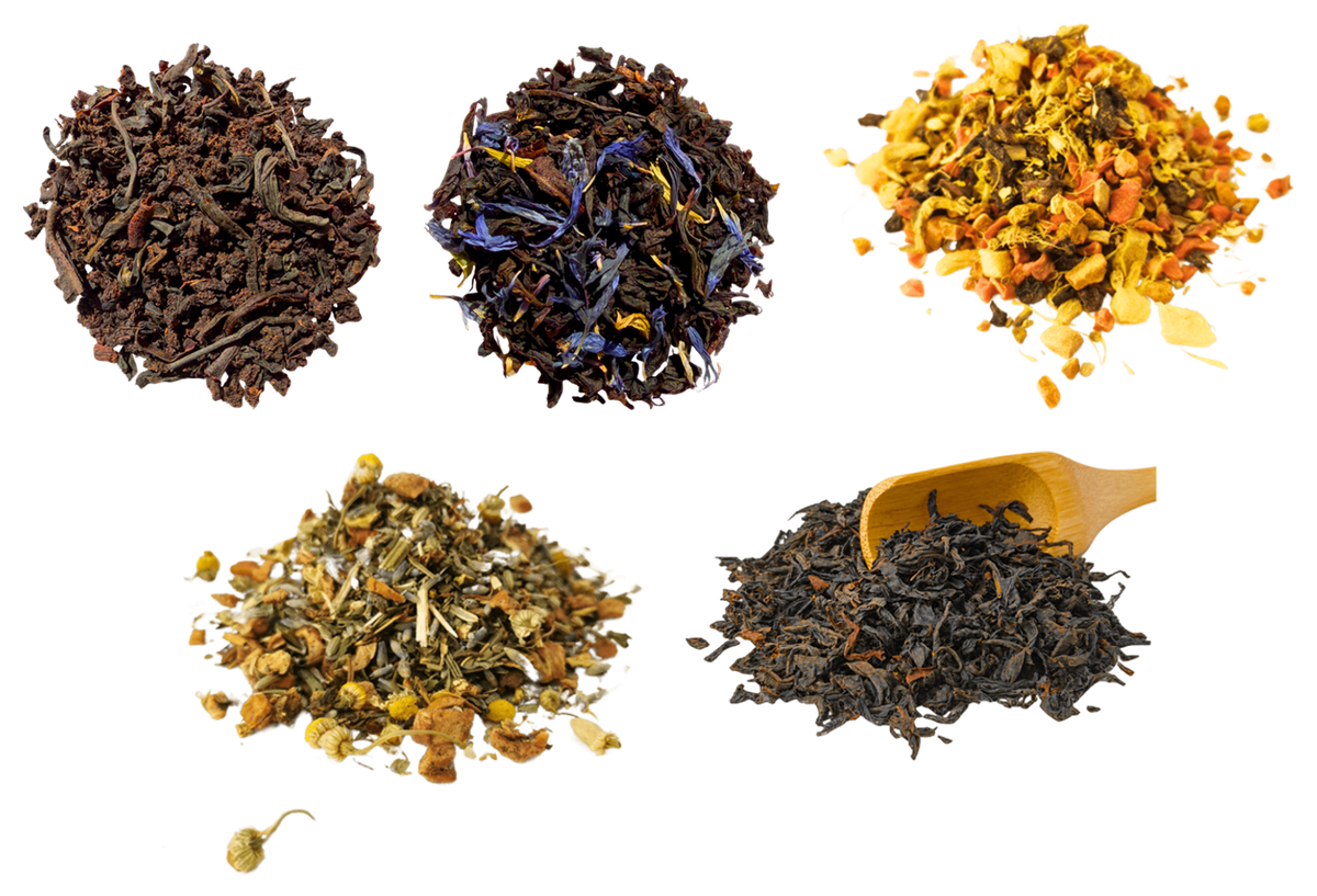 Five original loose leaf tea photographs showing the contents of the Bestsellers Tasting Box