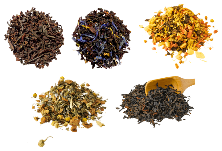 Bestsellers Tasting Box — five loose-leaf teas, photographed individually and arranged together