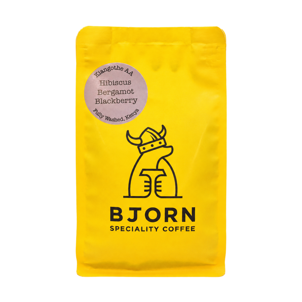 Yellow Bjorn Kenya Kiangothe AA whole bean coffee bag with hibiscus, bergamot and blackberry tasting notes