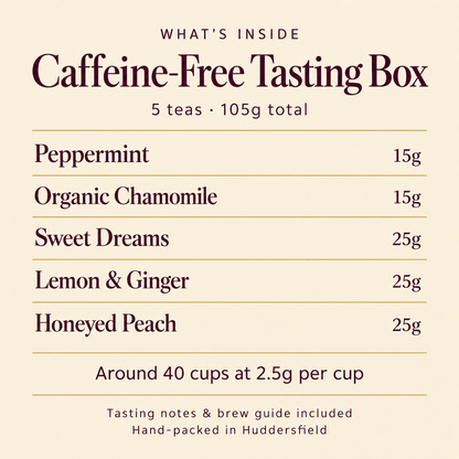 Caffeine-Free Tasting Box — contents and individual pouch weights, 105g total