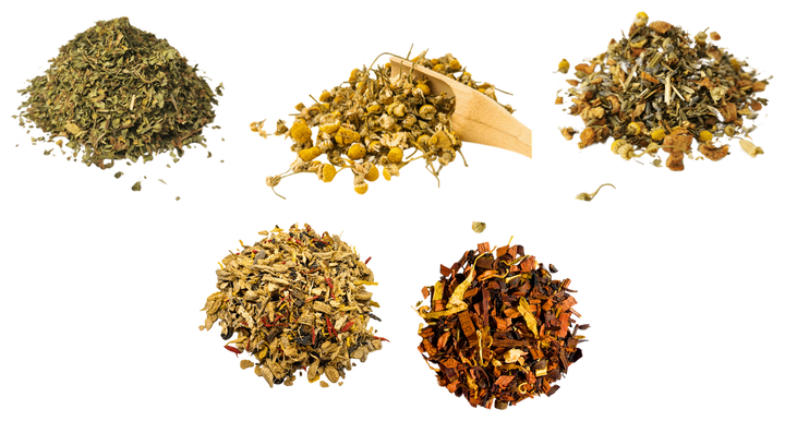 Caffeine-Free Tasting Box — five loose-leaf teas, photographed individually and arranged together
