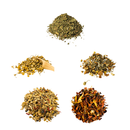 Caffeine-Free Tasting Box — five teas shown using the original product photographs