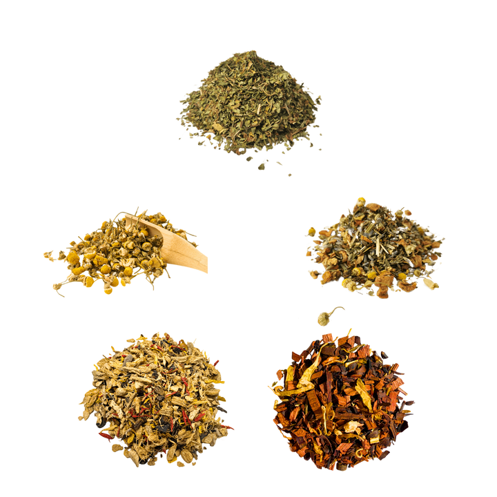 Caffeine-Free Tasting Box — five teas shown using the original product photographs