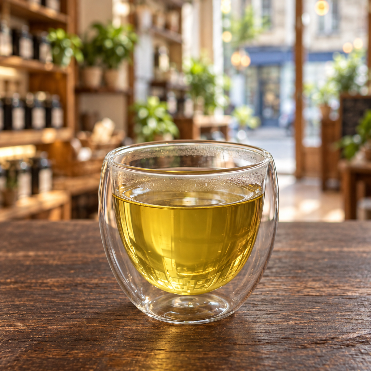Brewed tea — Chunmee served plain in a double-wall glass