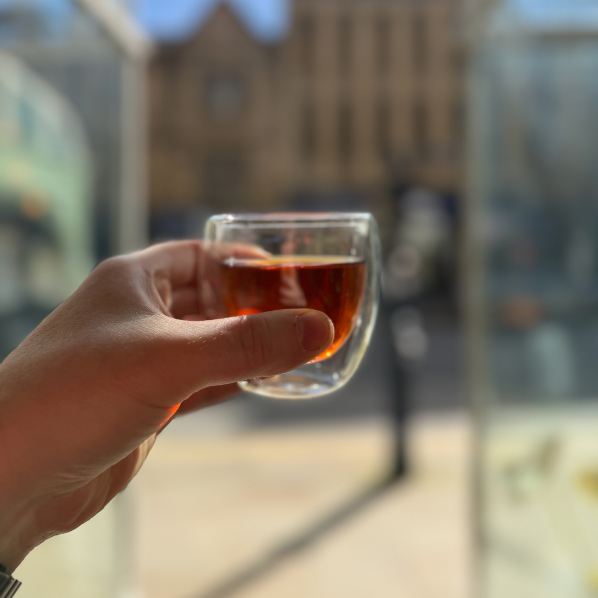 A glass of brewed tea photographed at Porter Hill in Huddersfield