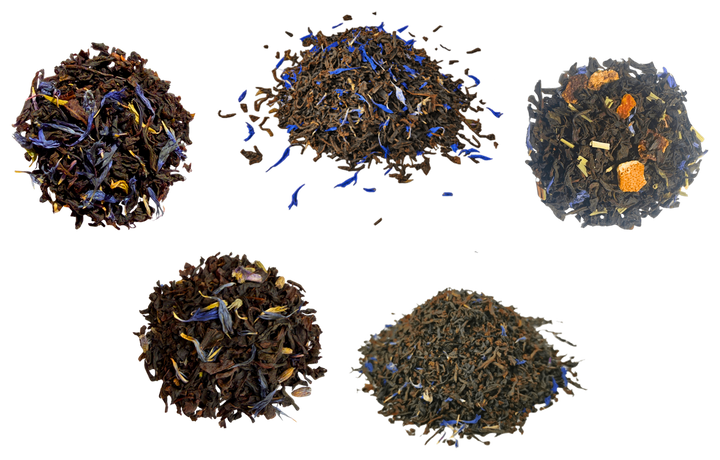 Earl Grey Tasting Box — five loose-leaf teas, photographed individually and arranged together