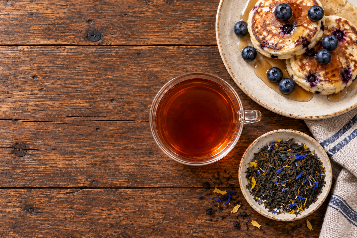 Blueberry Maple black tea, its loose leaf blend and blueberry pancakes with maple syrup