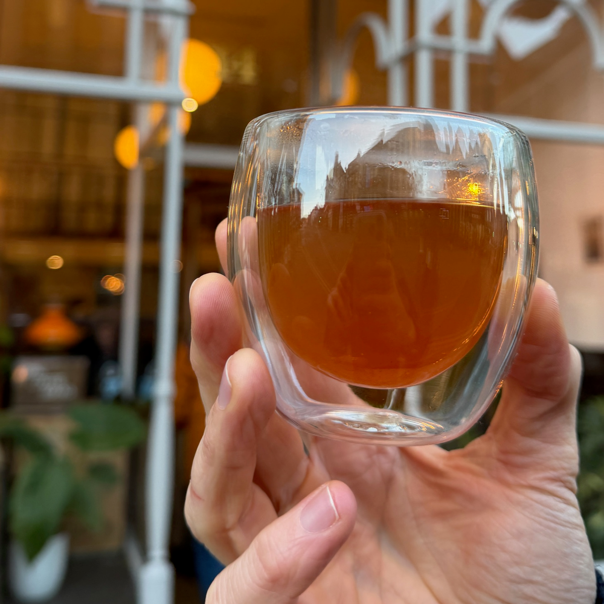 A glass of brewed tea photographed at Porter Hill in Huddersfield
