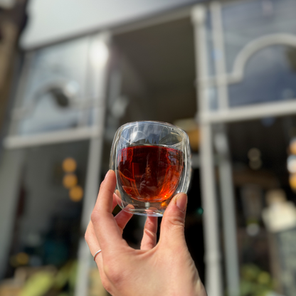 A glass of brewed tea photographed at Porter Hill in Huddersfield