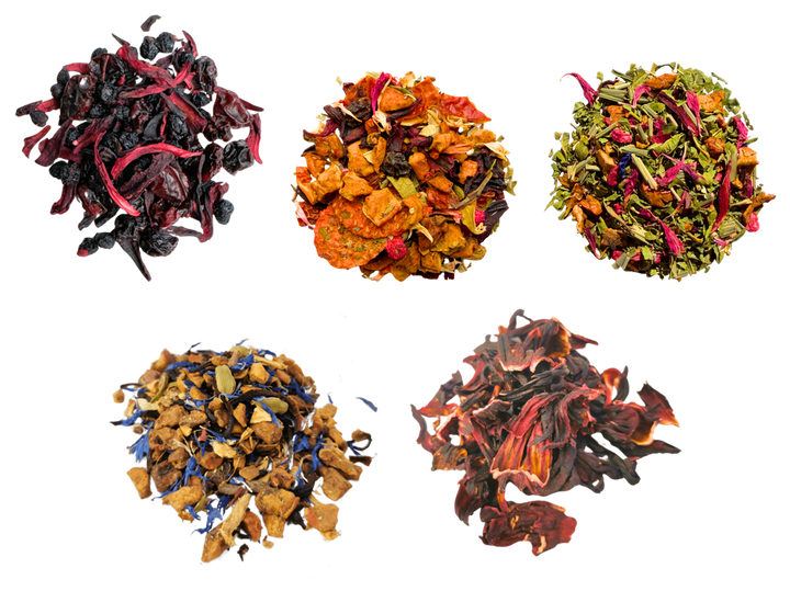 Fruit Tea Tasting Box — five loose-leaf teas, photographed individually and arranged together