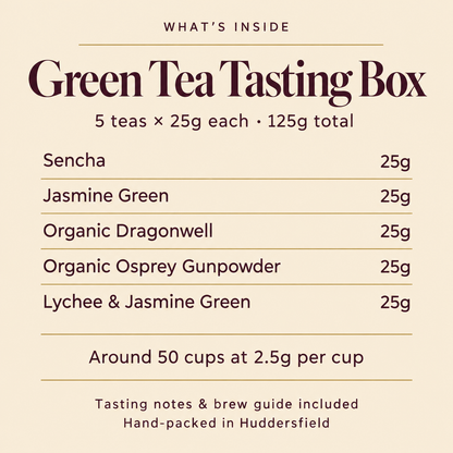 Green Tea Tasting Box — contents and individual pouch weights, 125g total