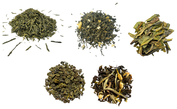 Green Tea Tasting Box — five loose-leaf teas, photographed individually and arranged together