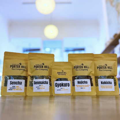 Five Japanese loose leaf teas included in the Porter Hill gift box