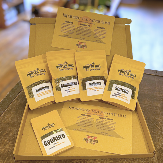 Japanese Tea Adventure loose leaf tea gift set on a wooden table
