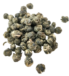 Jasmine Dragon Pearls green tea, loose leaf: jasmine, silky and unfurling