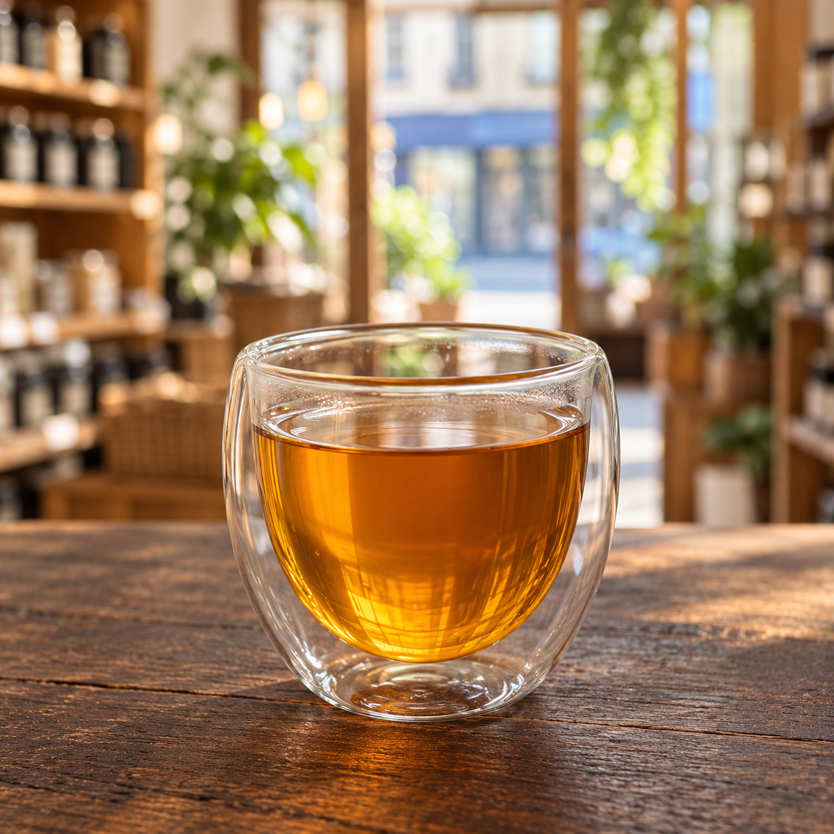 Brewed tea — Kadha Tonic, served plain in a double-walled glass cup