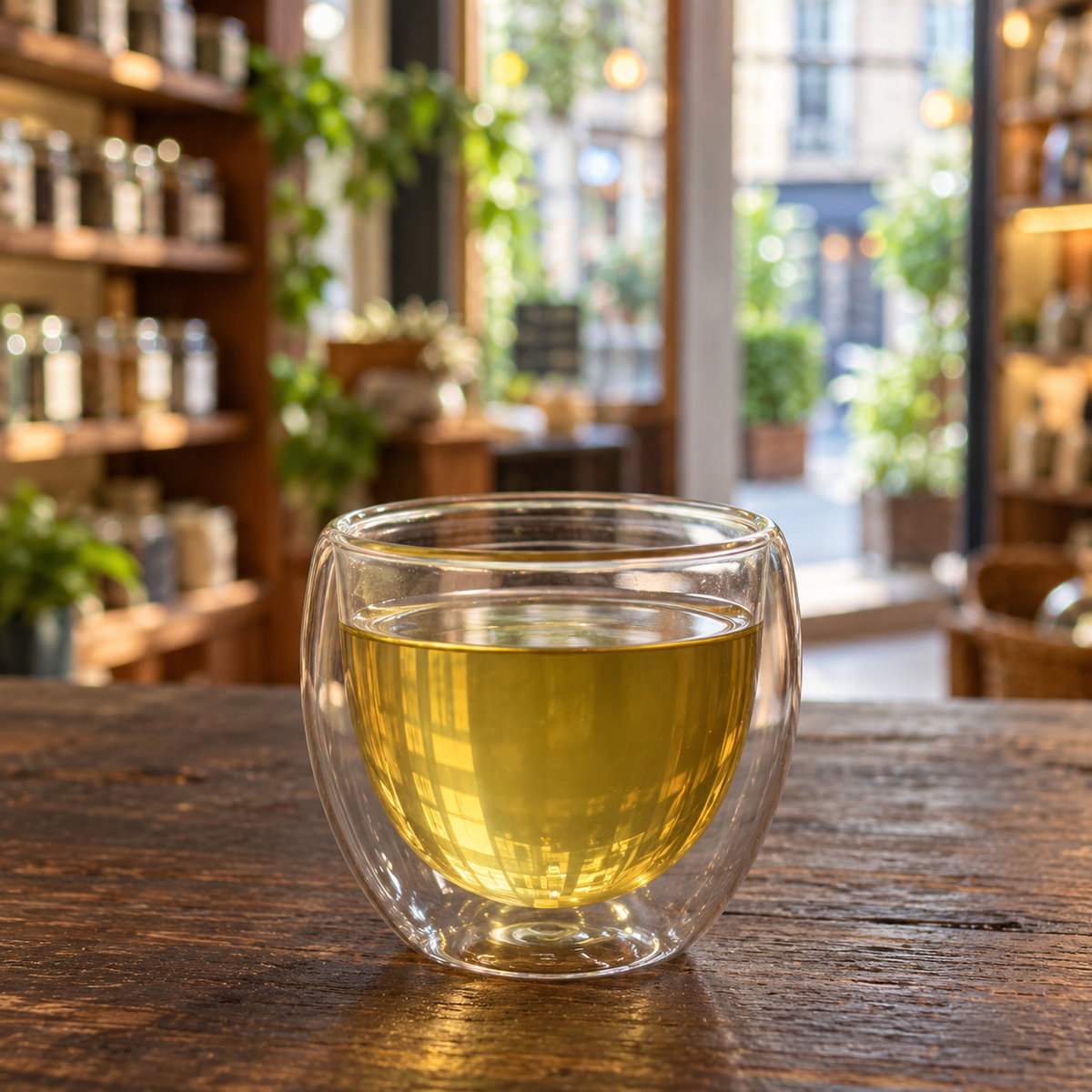 Brewed tea — Kukicha served plain in a double-wall glass