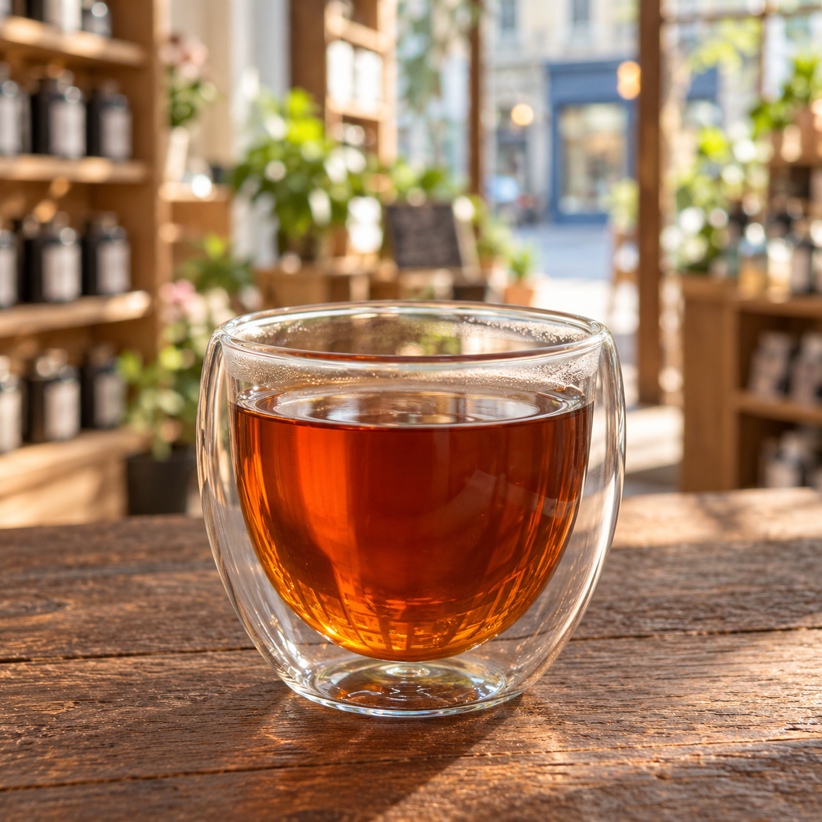 Brewed tea — Lychee Congou FOP, served plain in a double-walled glass cup