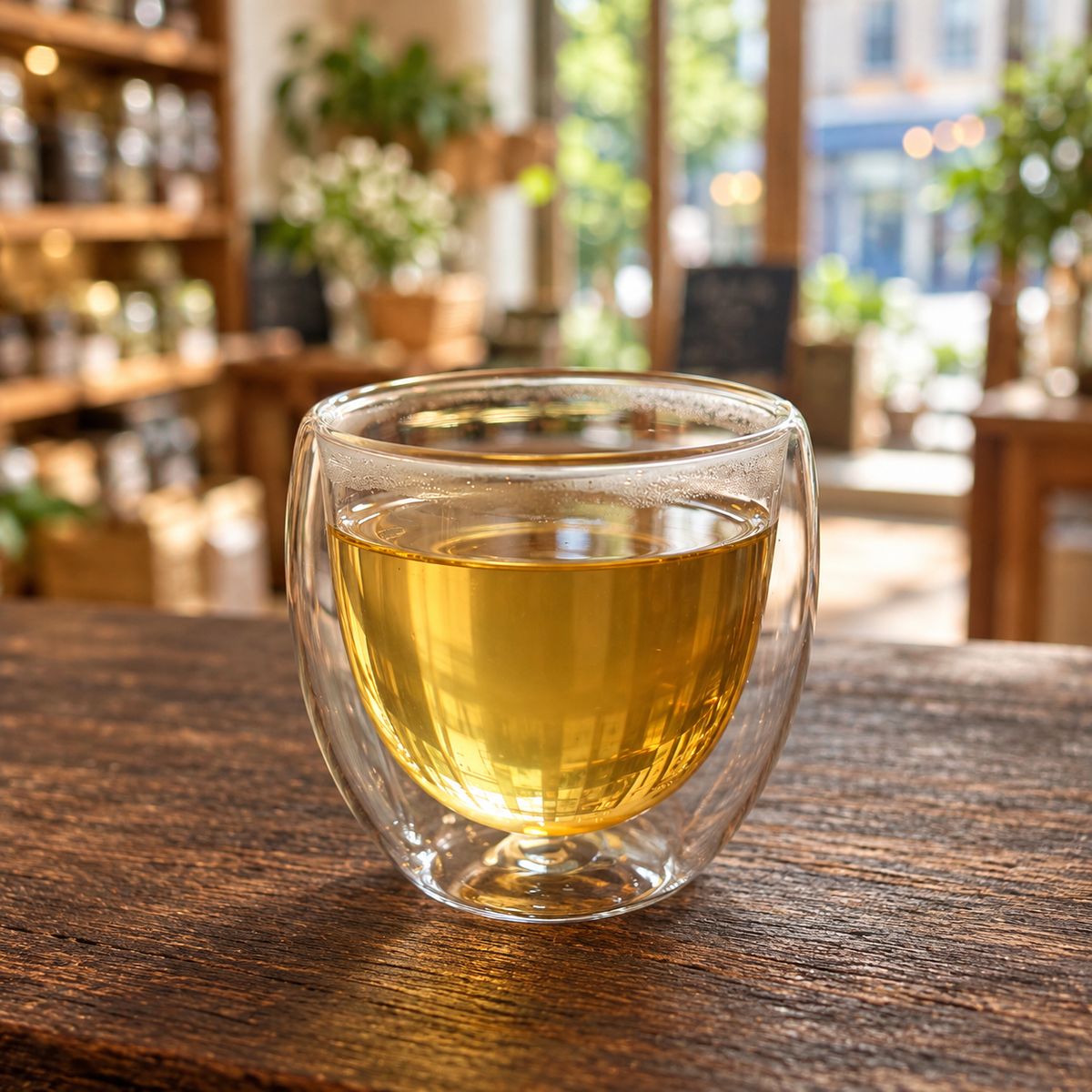 Brewed tea — Lychee & Jasmine Green served plain in a double-wall glass