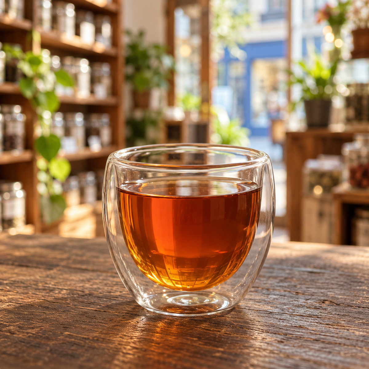 Brewed tea — Mekong Cinnamon Tea, served plain in a double-walled glass cup