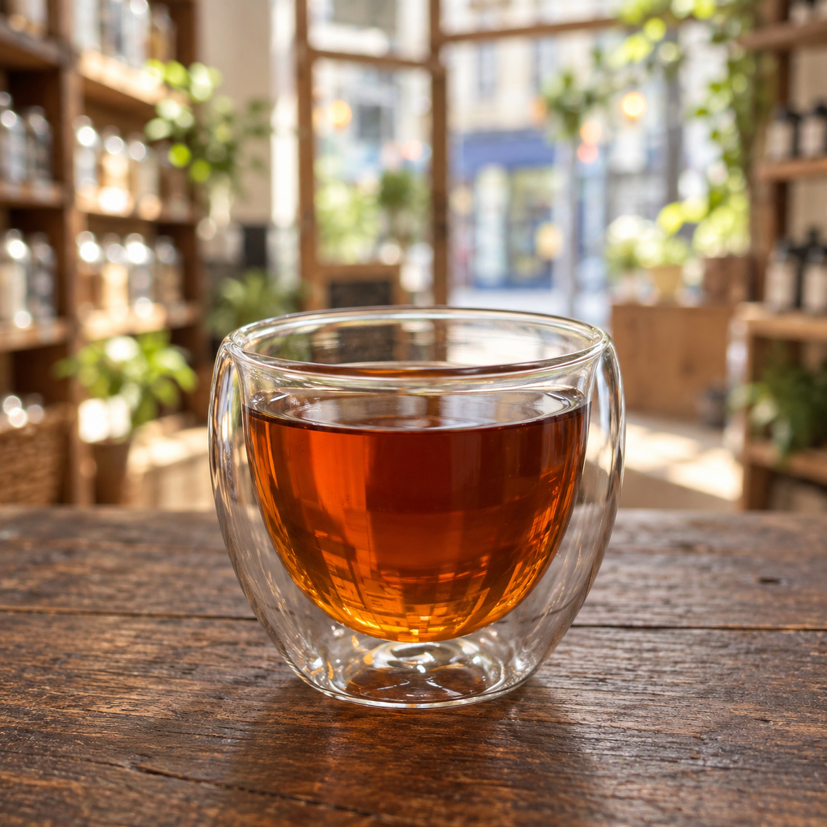 Brewed tea — Mint Choc Chip, served plain in a double-walled glass cup