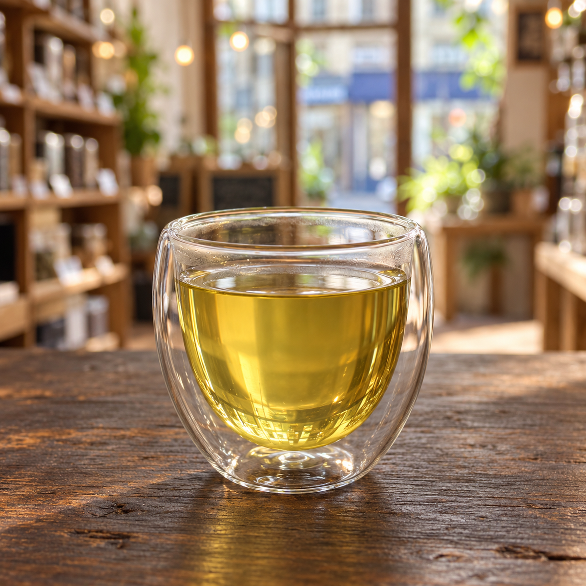 Brewed tea — Monkey Eye Jade Buds — Limited Edition Chinese Green Tea served plain in a double-wall glass