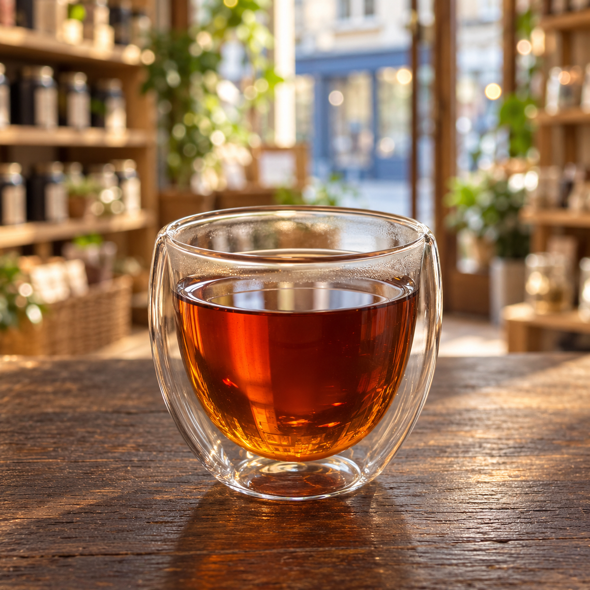 Brewed tea — Mulled Wine, served plain in a double-walled glass cup