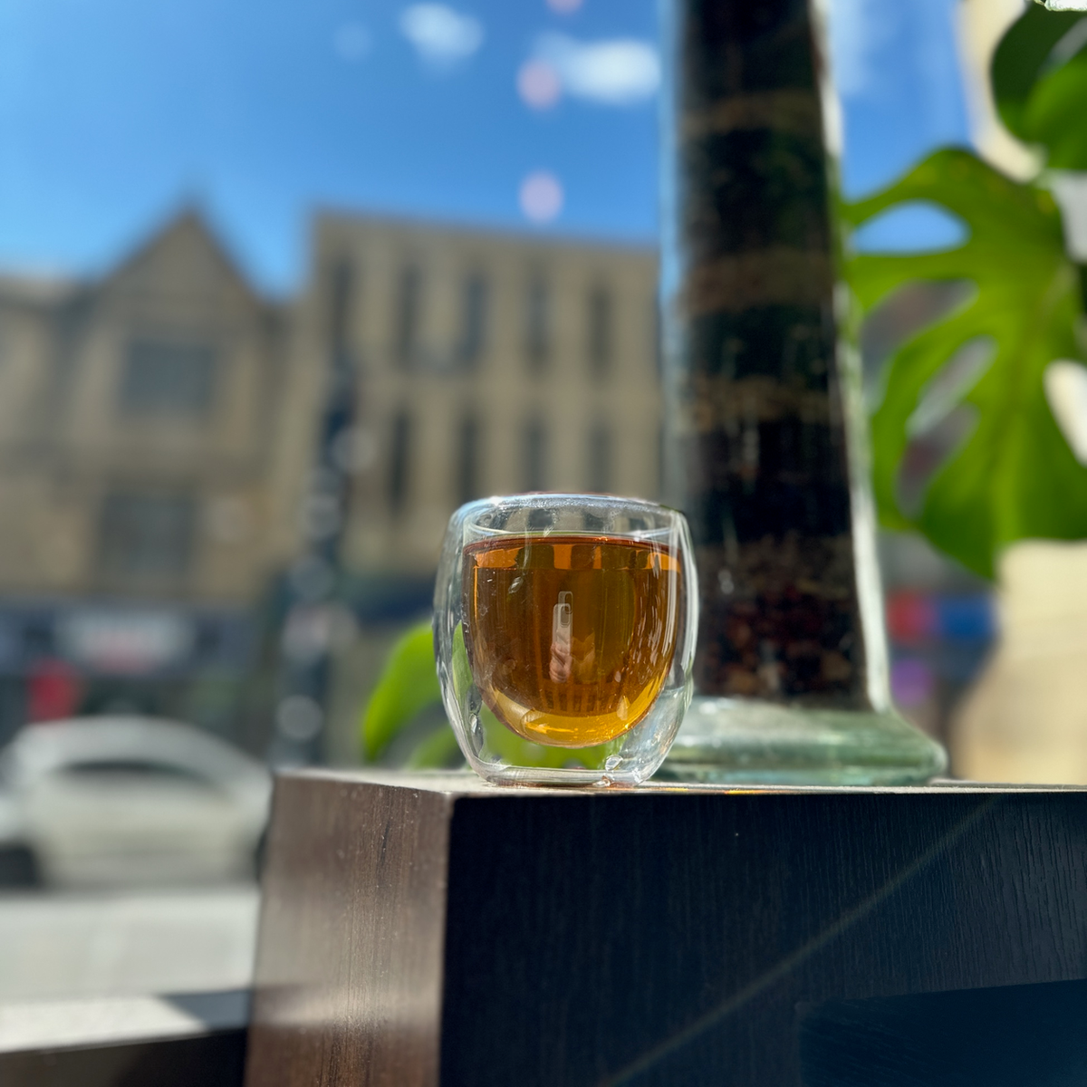 A glass of brewed tea photographed at Porter Hill in Huddersfield